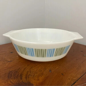 Vintage JAJ Round Casserole dish Matchmaker England Opal Glass Blue Green